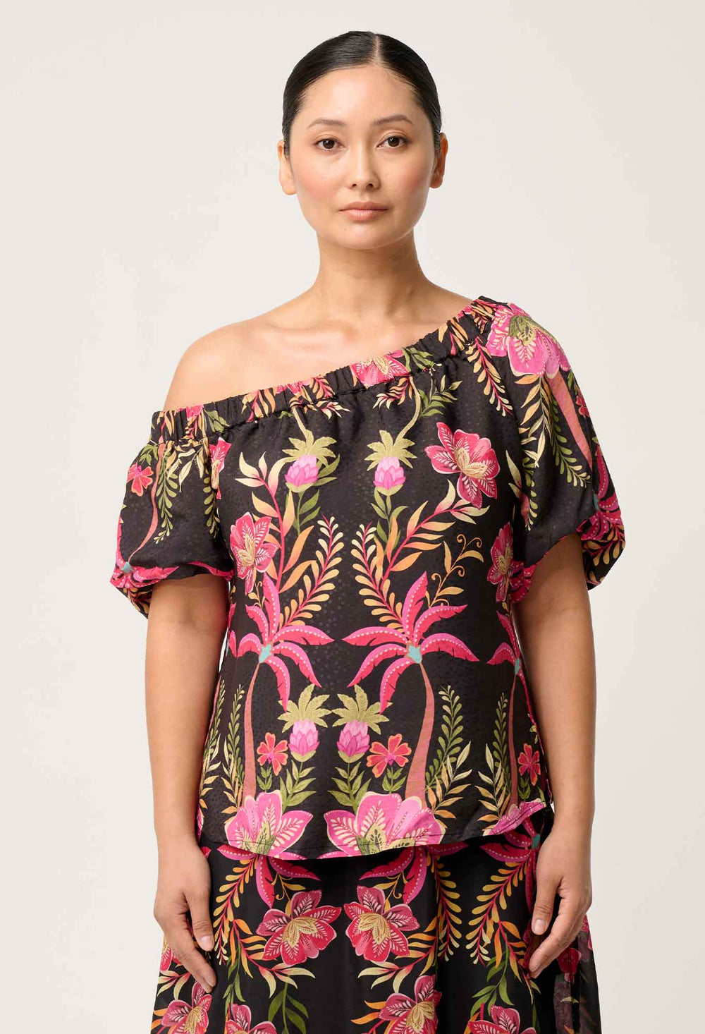 OnceWas PETITE Juno Viscose One Shoulder Top in Anthos Lótos