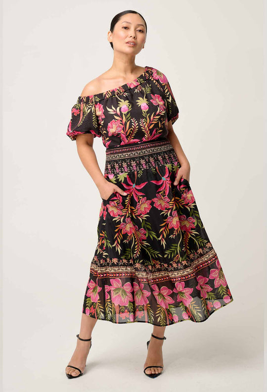 PETITE Cordelia  Shirred Cotton Silk Skirt in Anthos Lótos