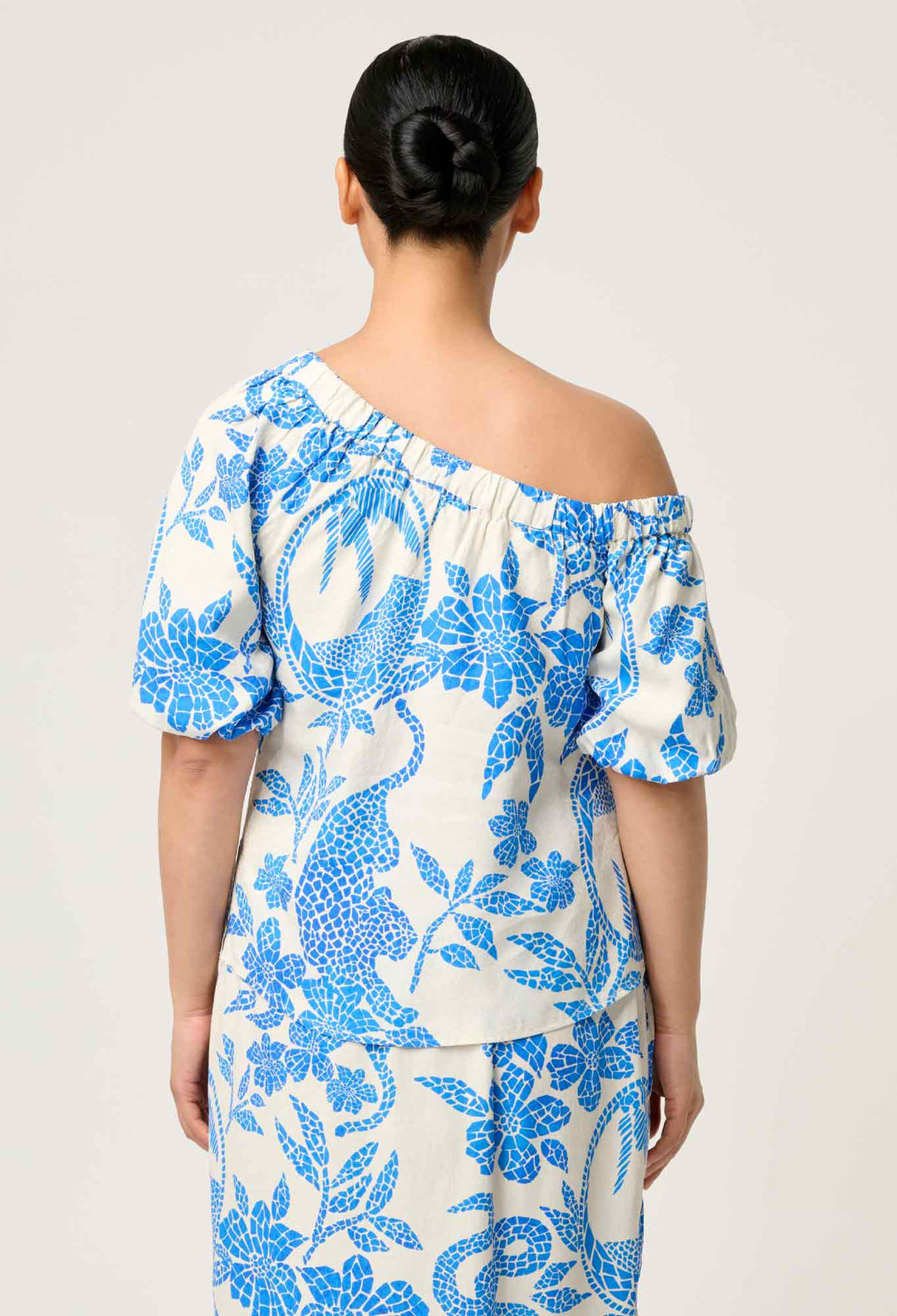 OnceWas PETITE Juno Viscose One Shoulder Top in Azure Mosaic