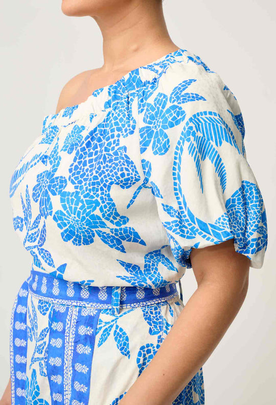 OnceWas PETITE Juno Viscose One Shoulder Top in Azure Mosaic