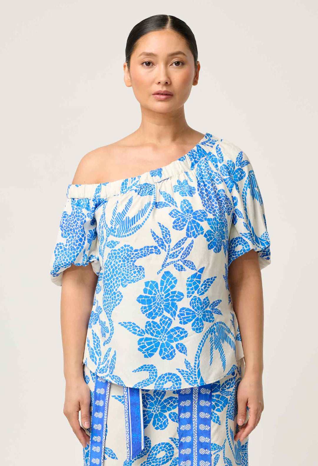 OnceWas PETITE Juno Viscose One Shoulder Top in Azure Mosaic