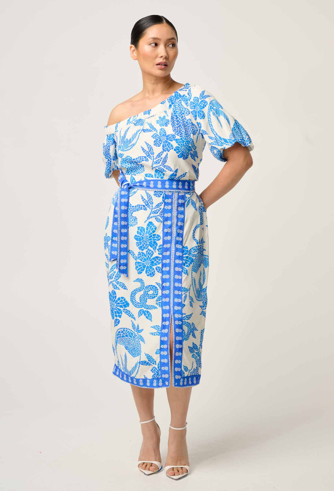 OnceWas PETITE Juno Viscose One Shoulder Top in Azure Mosaic