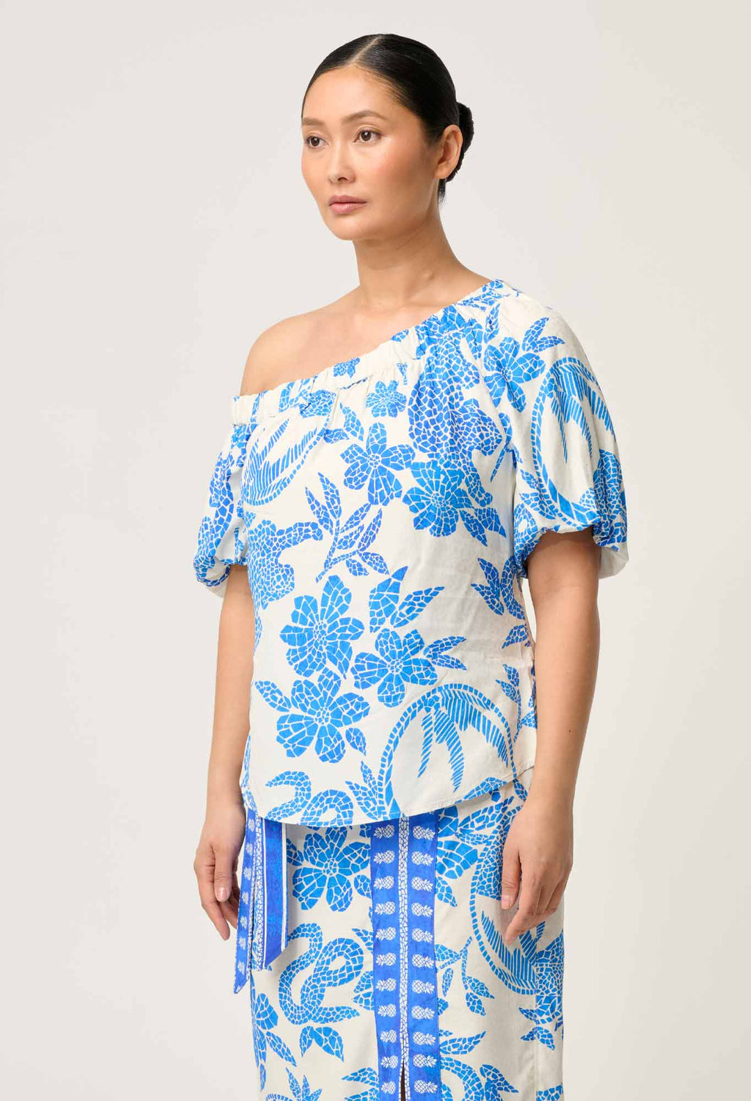 OnceWas PETITE Juno Viscose One Shoulder Top in Azure Mosaic