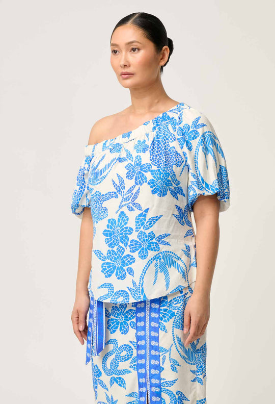 OnceWas PETITE Juno Viscose One Shoulder Top in Azure Mosaic