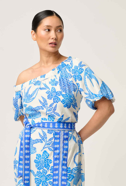 PETITE Juno Viscose One Shoulder Top in Azure Mosaic
