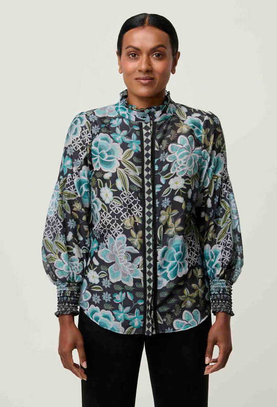 OnceWas PETITE Knox Cotton Silk Shirt in Dahlia Fields