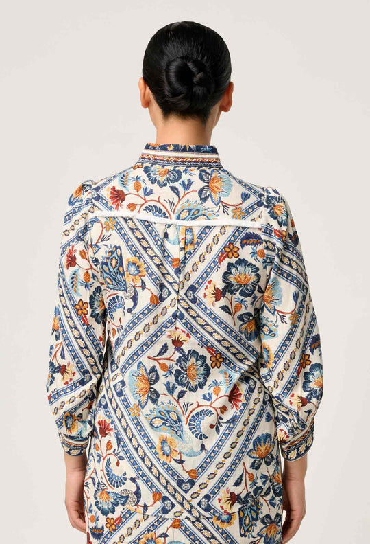 OnceWas PETITE Alexis Linen Viscose Fringe Shirt in Petinos Floros