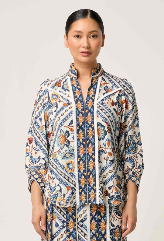 OnceWas PETITE Alexis Linen Viscose Fringe Shirt in Petinos Floros