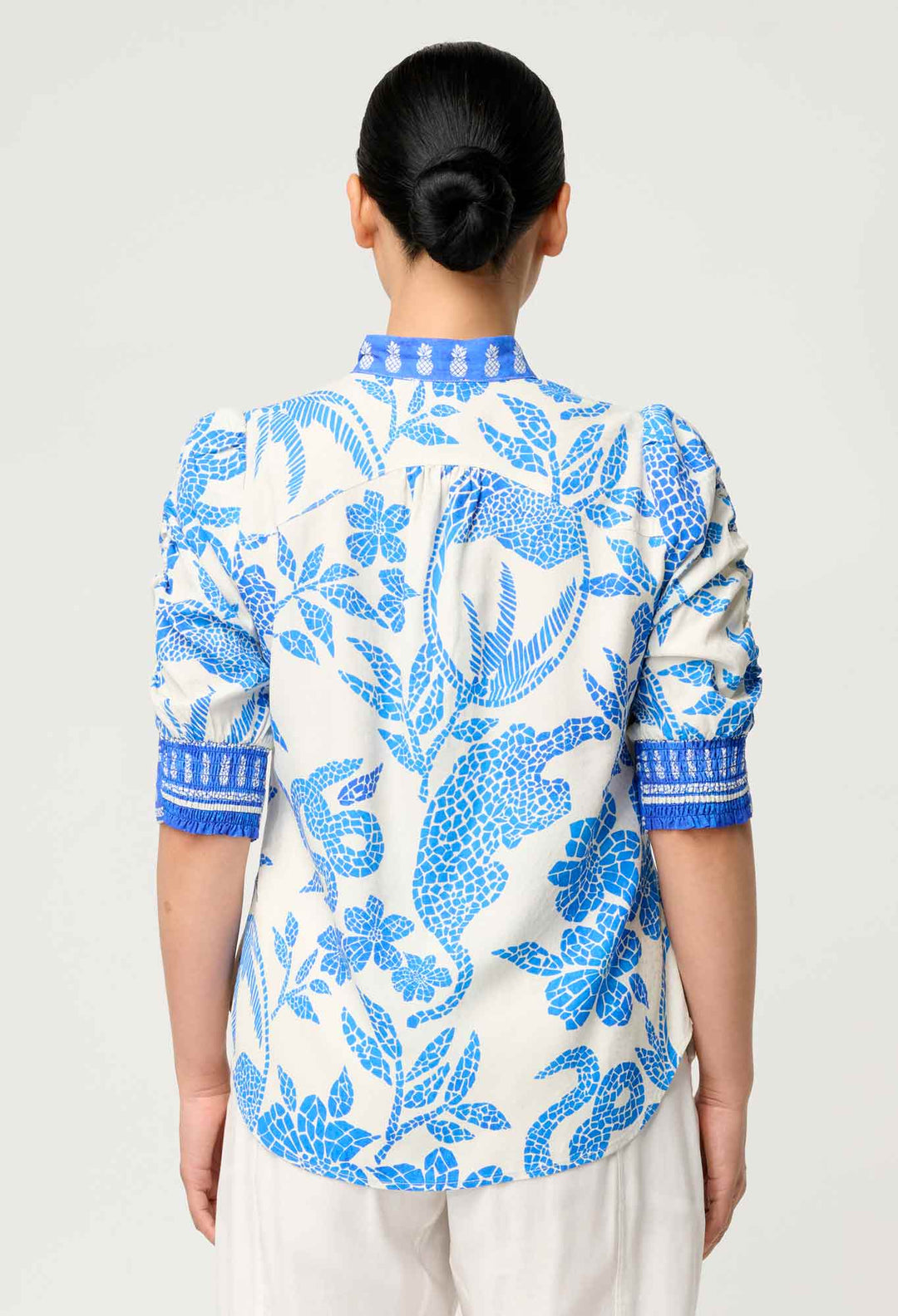 PETITE Calantha Viscose Dobby Rouched Sleeve Shirt in Azure Mosaic