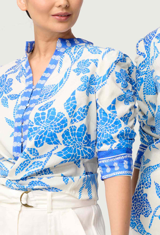 PETITE Calantha Viscose Dobby Rouched Sleeve Shirt in Azure Mosaic