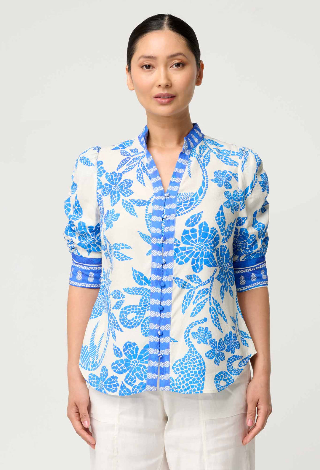 PETITE Calantha Viscose Dobby Rouched Sleeve Shirt in Azure Mosaic