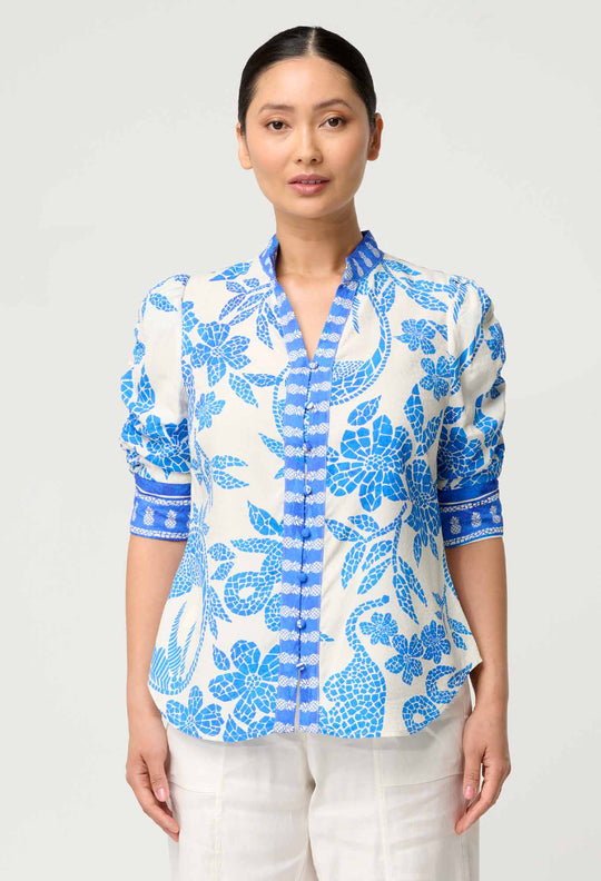PETITE Calantha Viscose Dobby Rouched Sleeve Shirt in Azure Mosaic