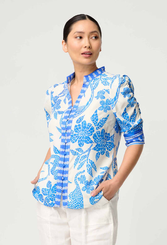 PETITE Calantha Viscose Dobby Rouched Sleeve Shirt in Azure Mosaic