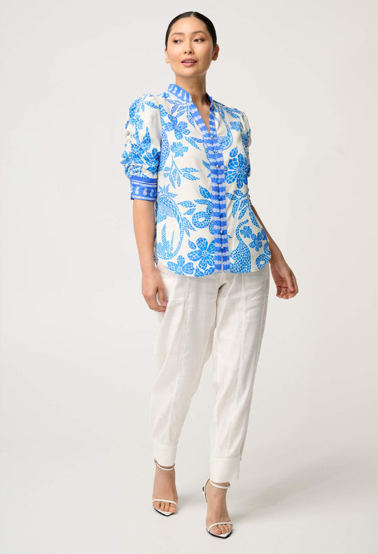 PETITE Calantha Viscose Dobby Rouched Sleeve Shirt in Azure Mosaic