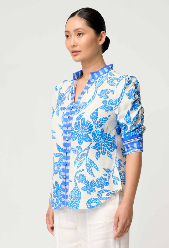 PETITE Calantha Viscose Dobby Rouched Sleeve Shirt in Azure Mosaic
