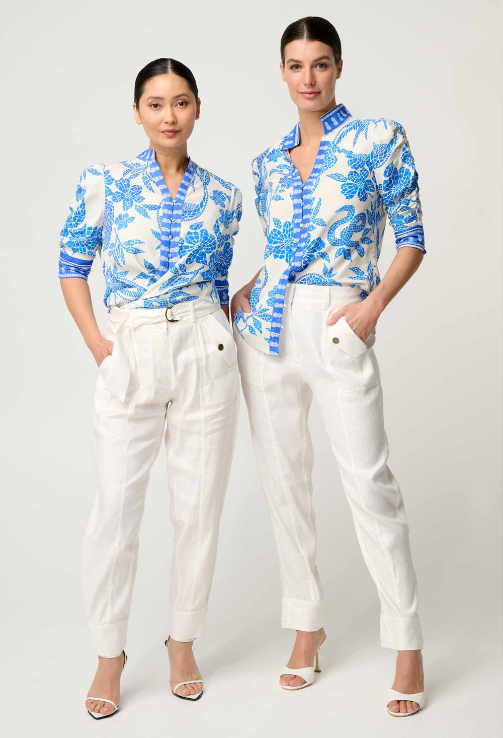 PETITE Calantha Viscose Dobby Rouched Sleeve Shirt in Azure Mosaic