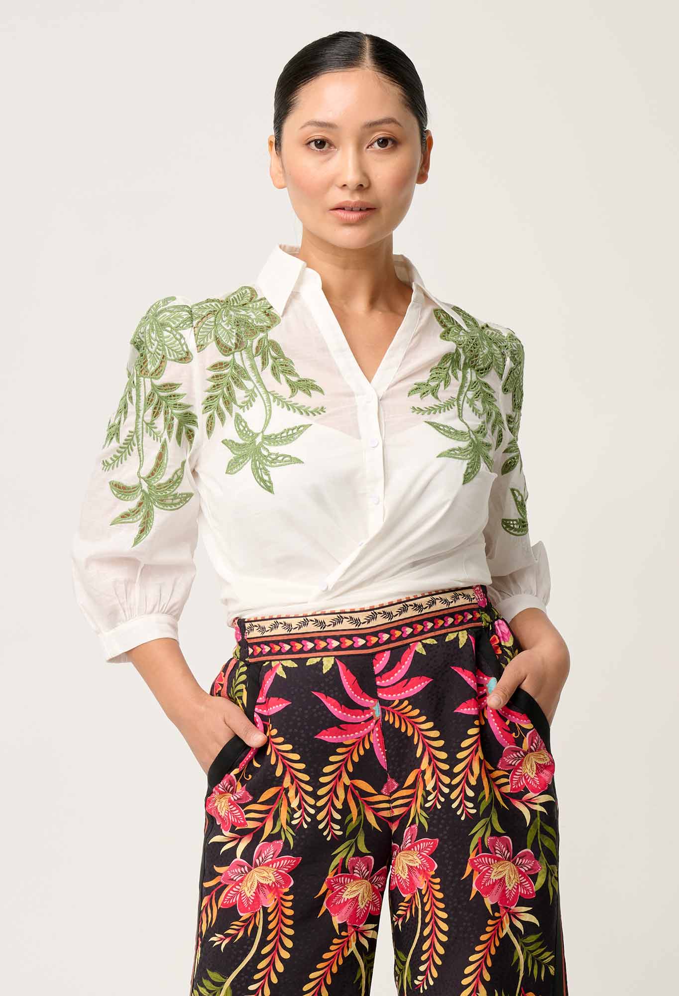OnceWas PETITE Callisto Cotton Embroidered Shirt in Ivory