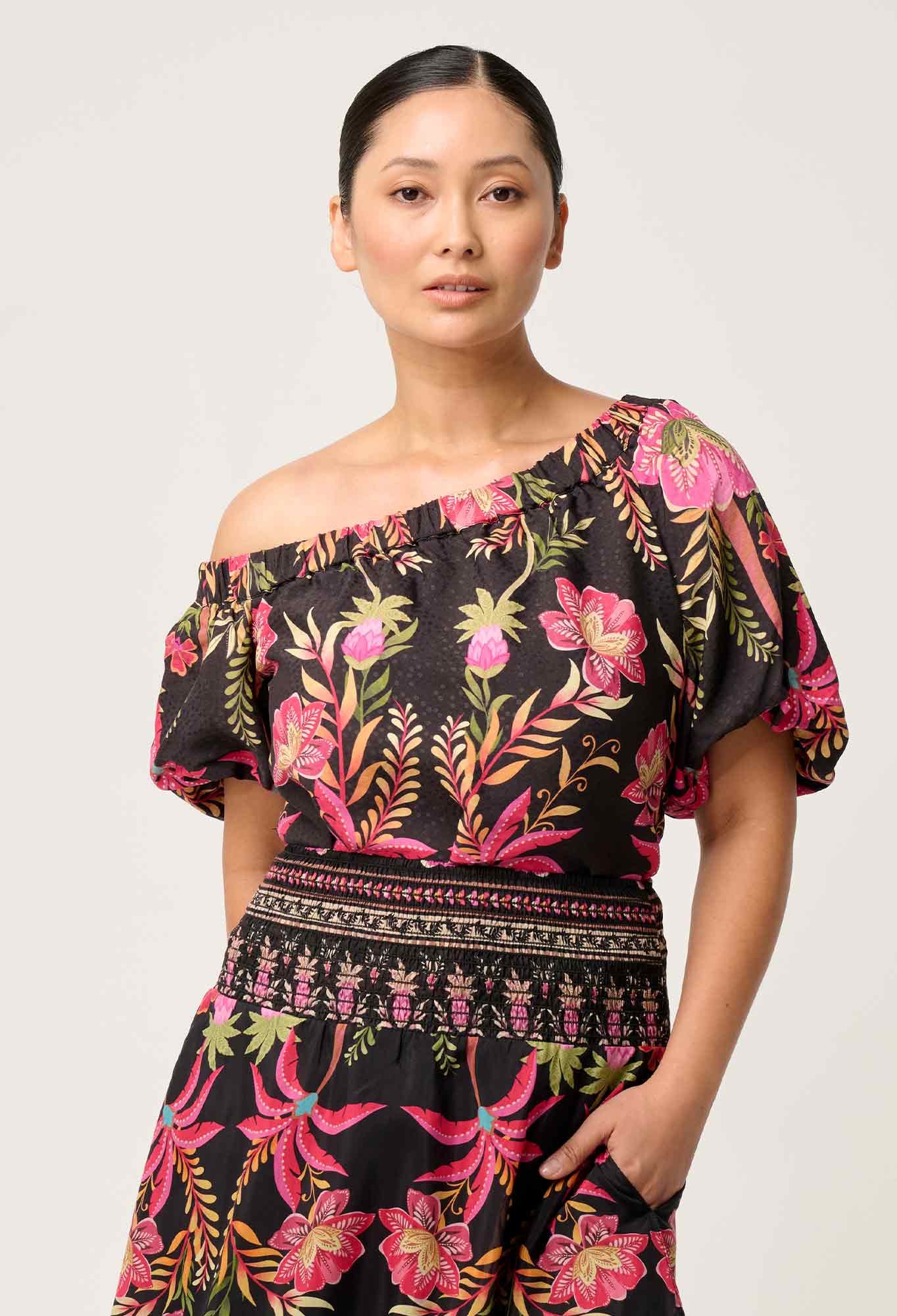 OnceWas PETITE Juno Viscose One Shoulder Top in Anthos Lótos