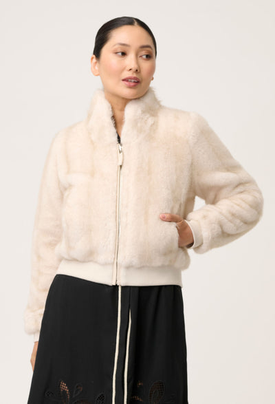 PETITE Chrysta Faux Fur Rib Detail Bomber in Porcelain