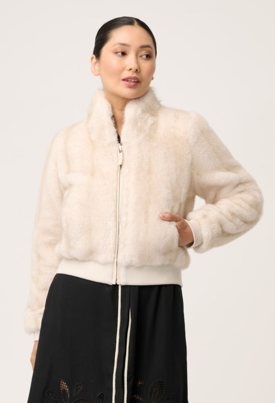PETITE Chrysta Faux Fur Rib Detail Bomber in Porcelain