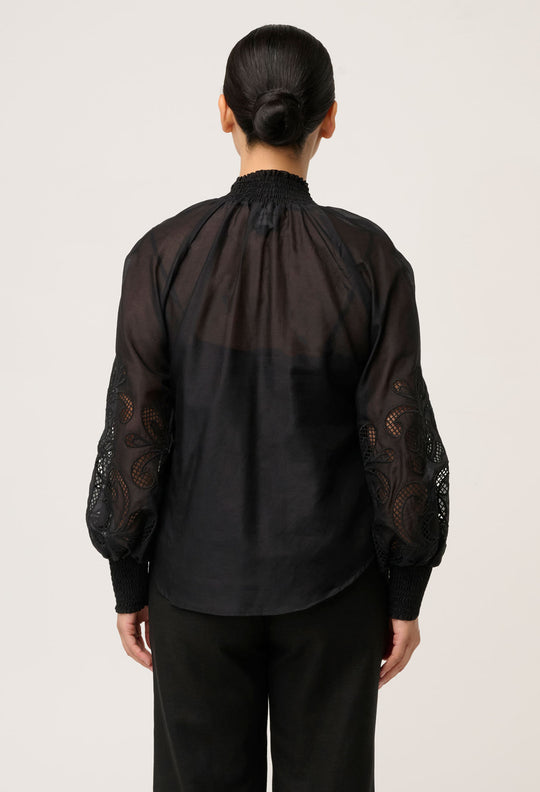 OnceWas PETITE Simona Cotton Silk Embroidered Blouse in Black