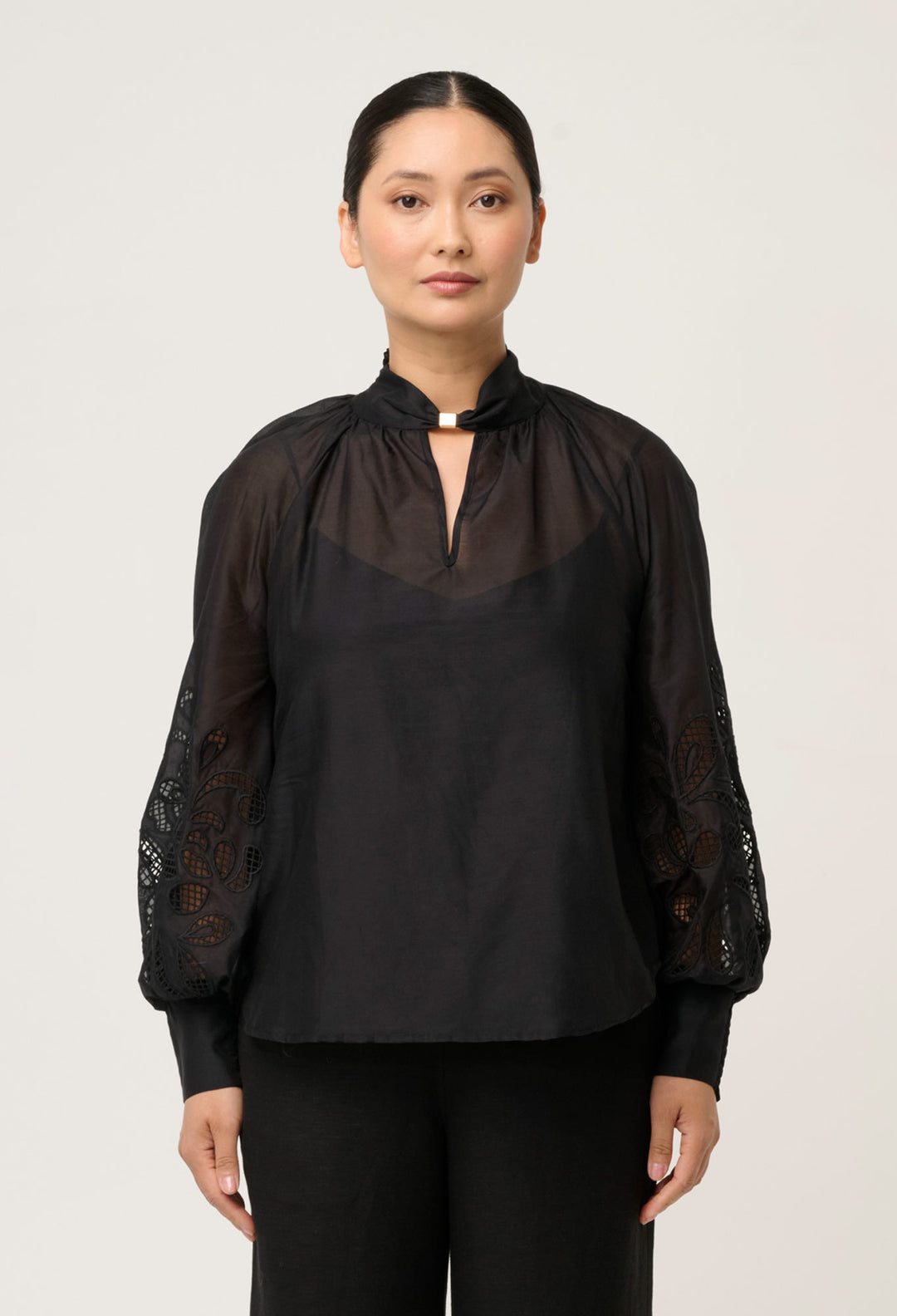 OnceWas PETITE Simona Cotton Silk Embroidered Blouse in Black