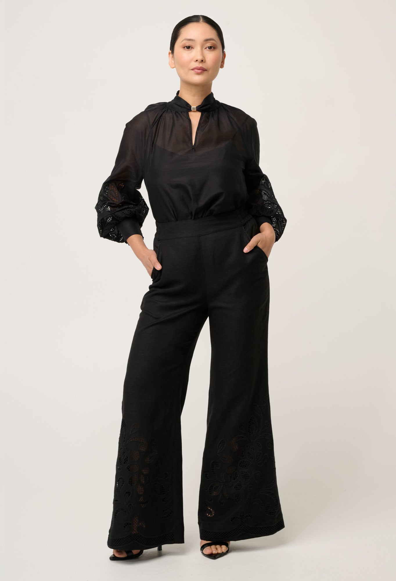 OnceWas PETITE Simona Cotton Silk Embroidered Blouse in Black