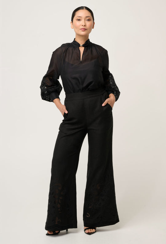 OnceWas PETITE Simona Cotton Silk Embroidered Blouse in Black