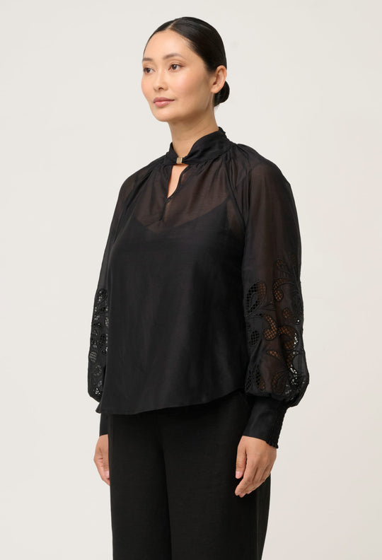 OnceWas PETITE Simona Cotton Silk Embroidered Blouse in Black