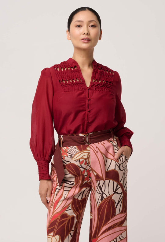 UNDER 5'4 Gillian Cotton Silk Smocked Shirt in Ruby