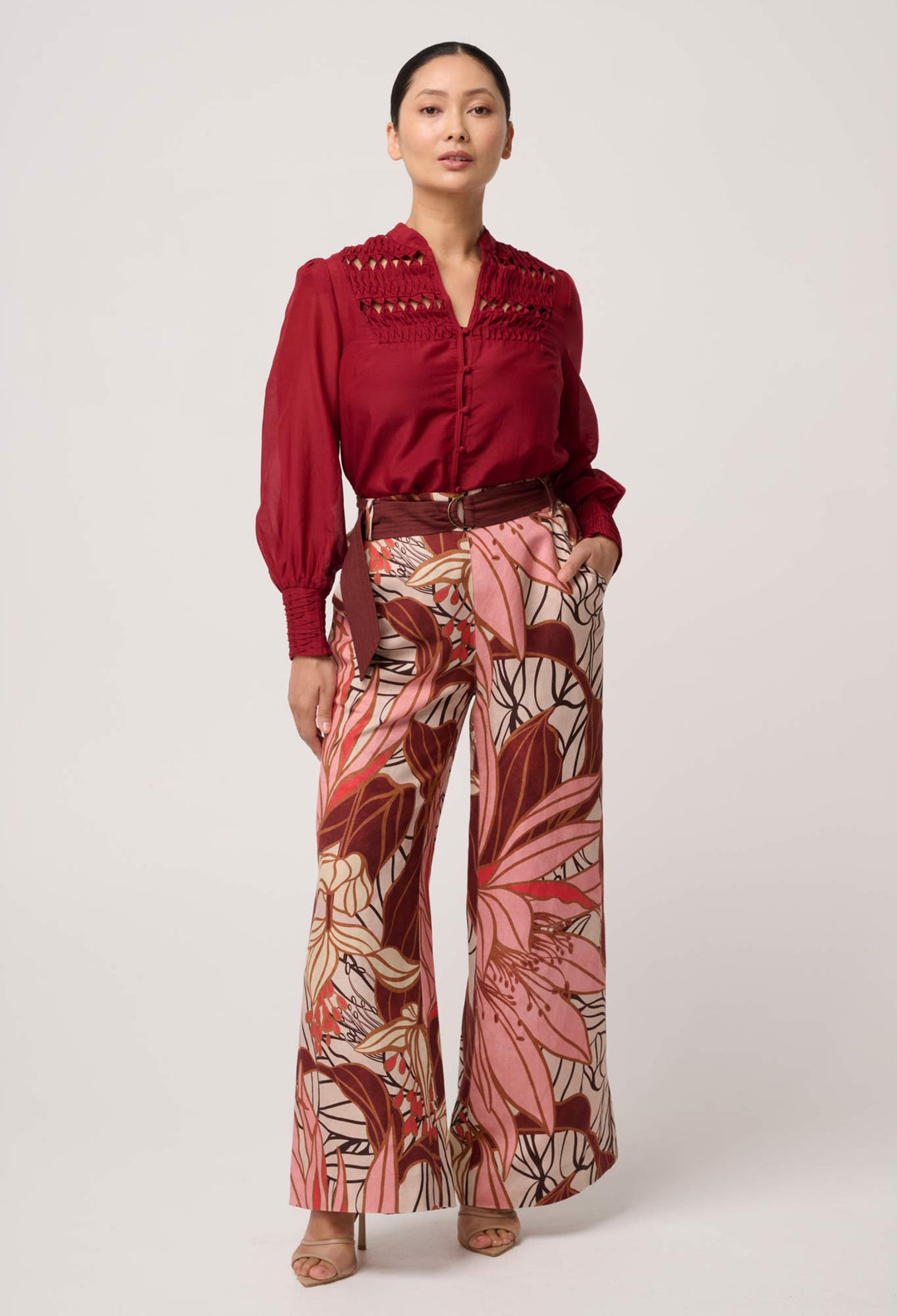 UNDER 5'4 Gillian Cotton Silk Smocked Shirt in Ruby