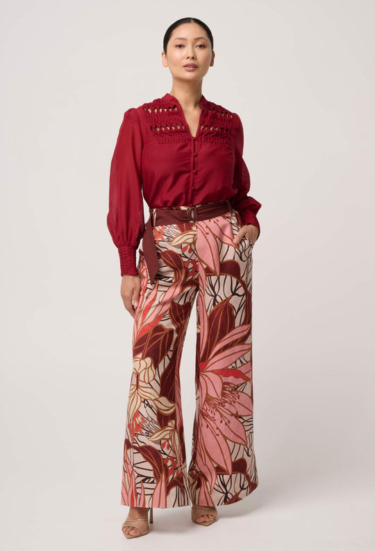 UNDER 5'4 Gillian Cotton Silk Smocked Shirt in Ruby