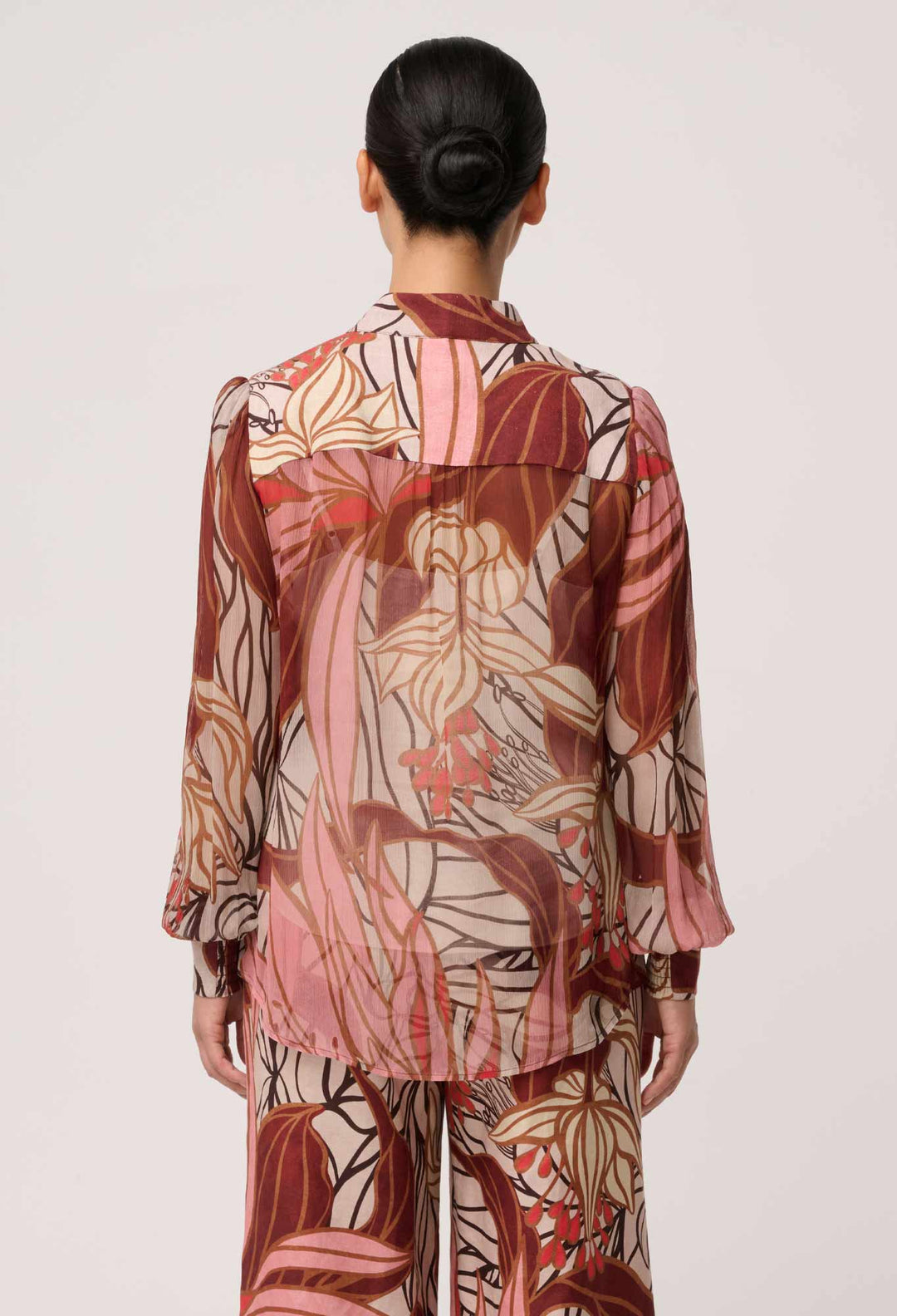 UNDER 5"4 Freya Sheer Viscose Blouse with Embellished Neck in Cathedral Botanic