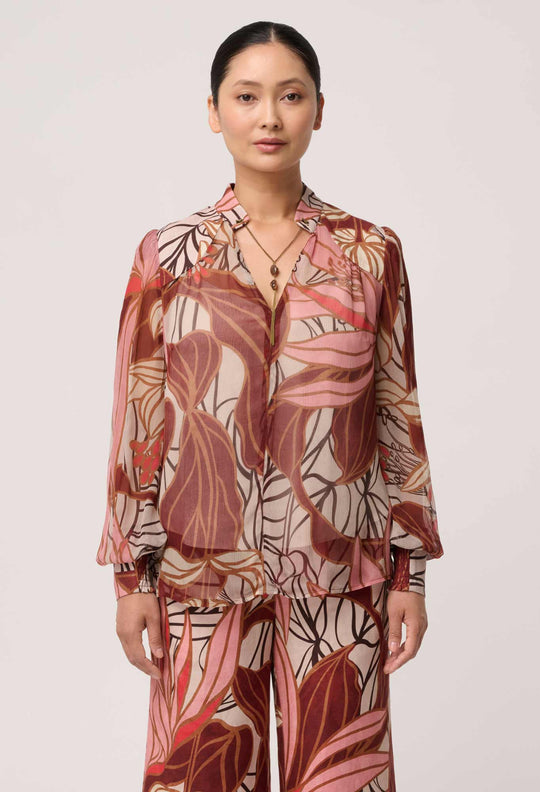 UNDER 5"4 Freya Sheer Viscose Blouse with Embellished Neck in Cathedral Botanic
