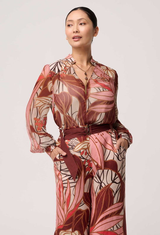 UNDER 5"4 Freya Sheer Viscose Blouse with Embellished Neck in Cathedral Botanic