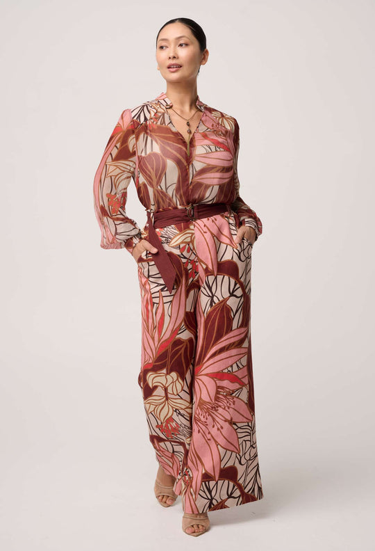 UNDER 5"4 Freya Sheer Viscose Blouse with Embellished Neck in Cathedral Botanic