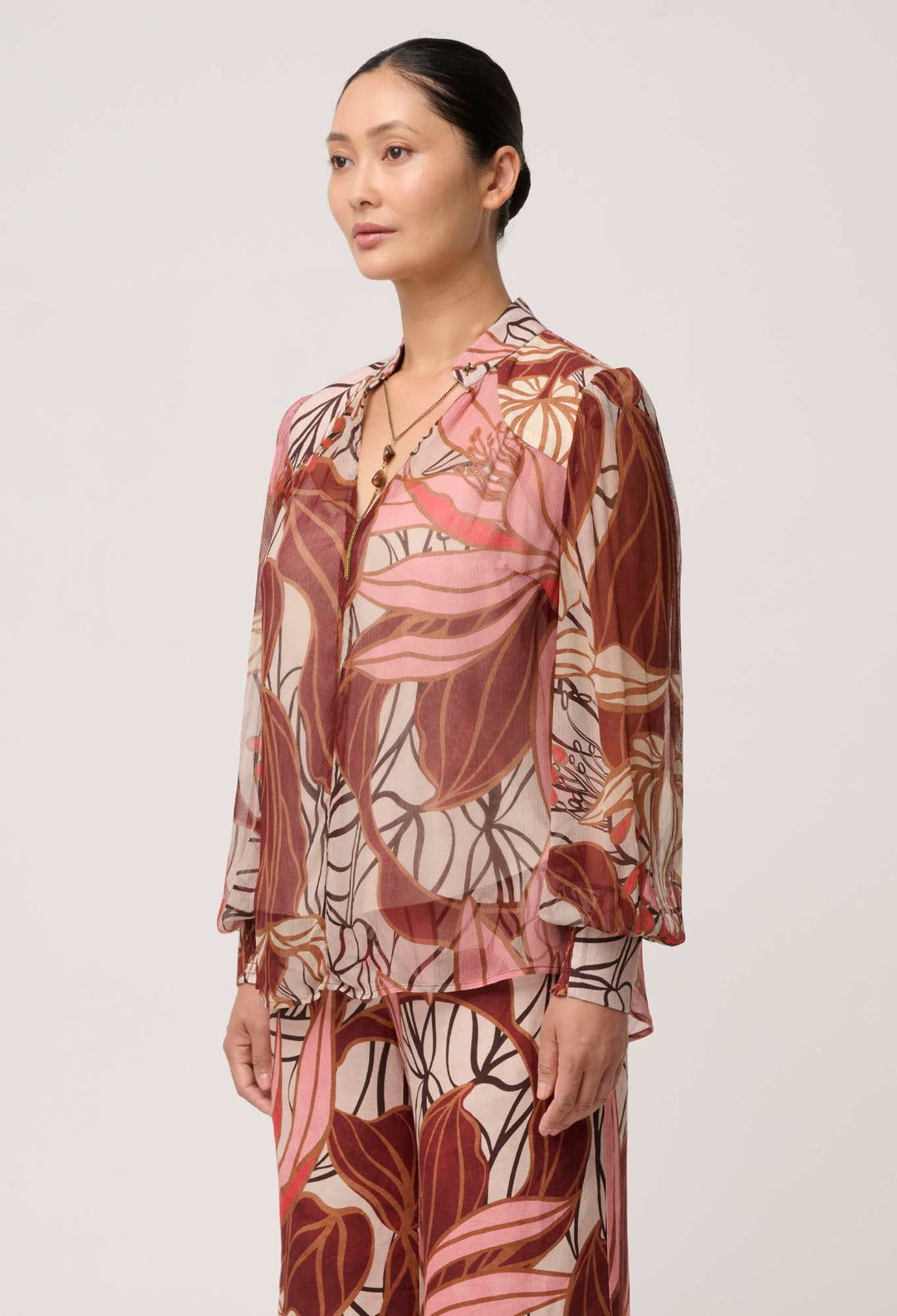 UNDER 5"4 Freya Sheer Viscose Blouse with Embellished Neck in Cathedral Botanic