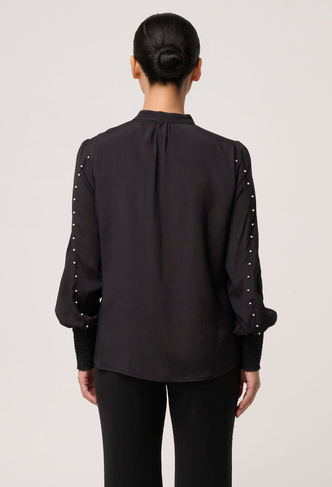 UNDER 5'4 Marcela Pearl Embellished Cupro Viscose Shirt in Black