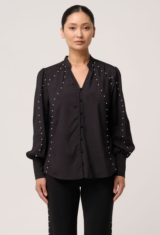 UNDER 5'4 Marcela Pearl Embellished Cupro Viscose Shirt in Black