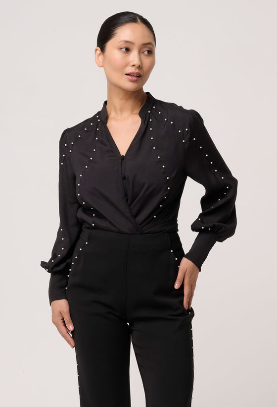 UNDER 5'4 Marcela Pearl Embellished Cupro Viscose Shirt in Black