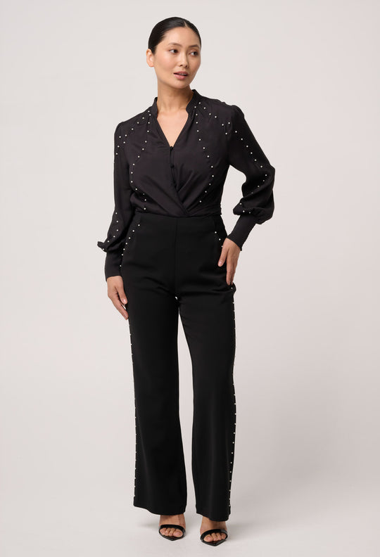 UNDER 5'4 Marcela Pearl Embellished Cupro Viscose Shirt in Black