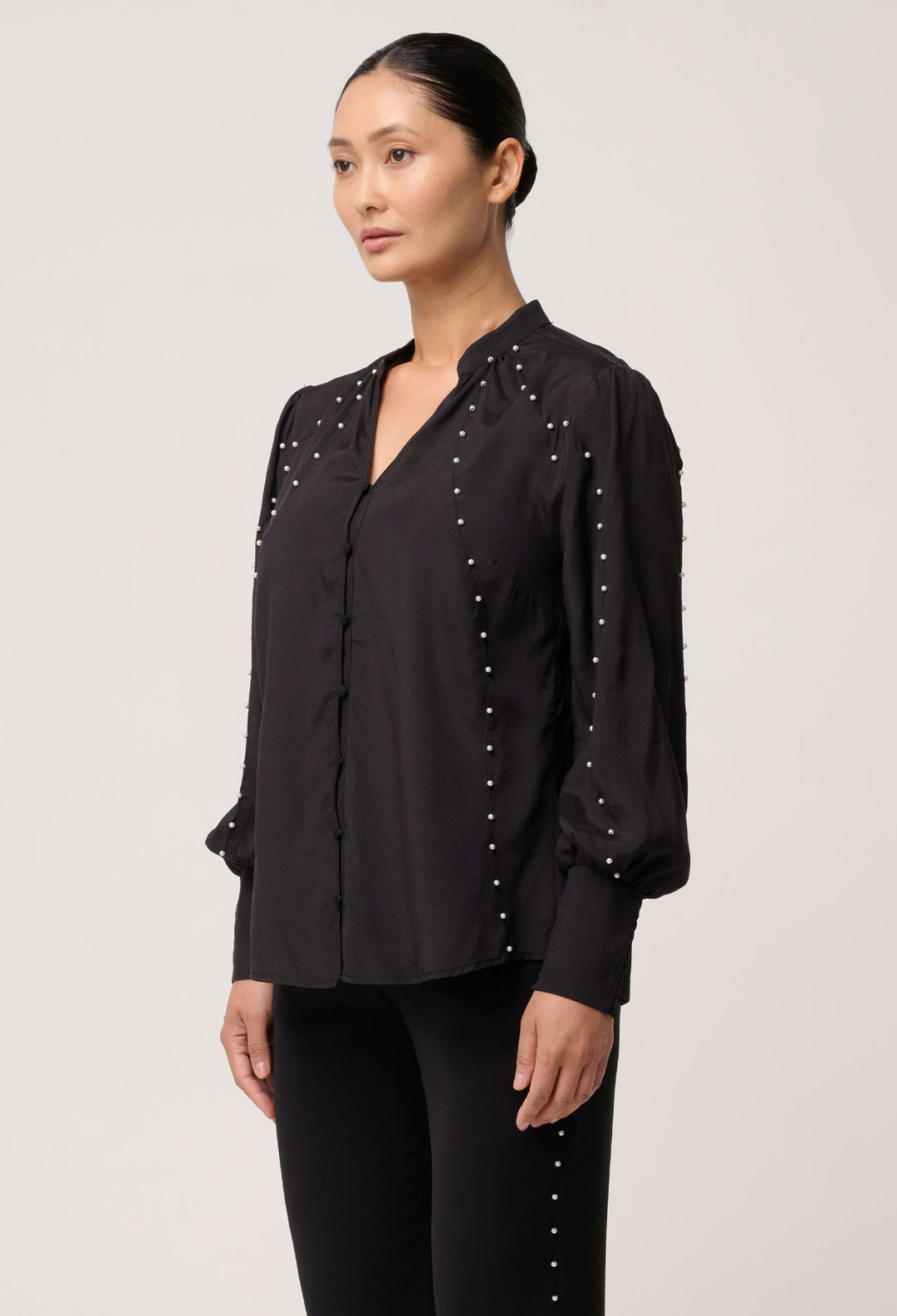 UNDER 5'4 Marcela Pearl Embellished Cupro Viscose Shirt in Black