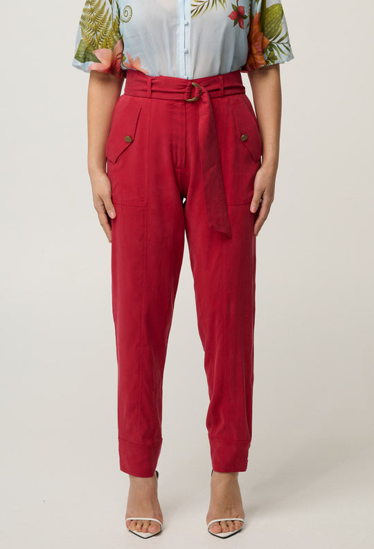 UNDER 5'4 Trinidad Stretch Cipro Viscose Button Cuff Pant in Dahlia Red
