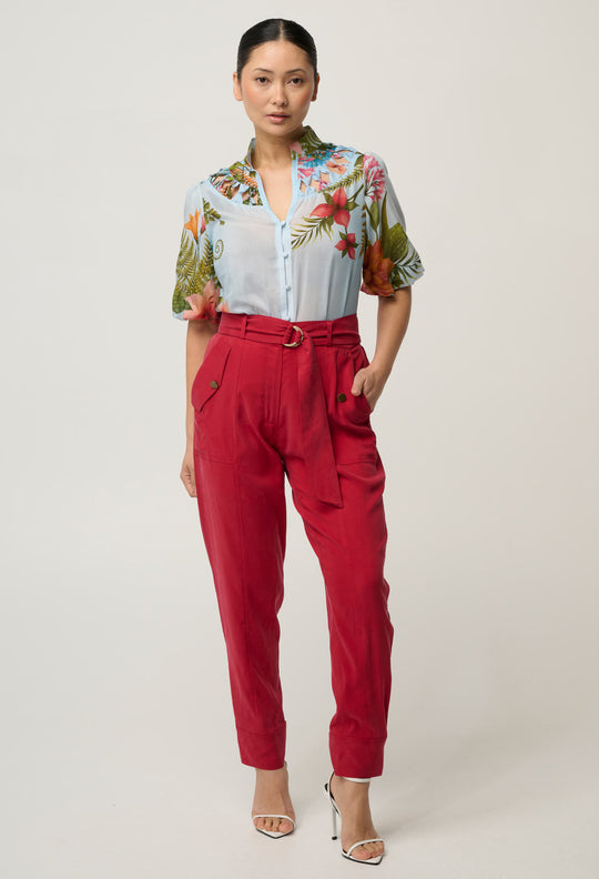 UNDER 5'4 Trinidad Stretch Cipro Viscose Button Cuff Pant in Dahlia Red