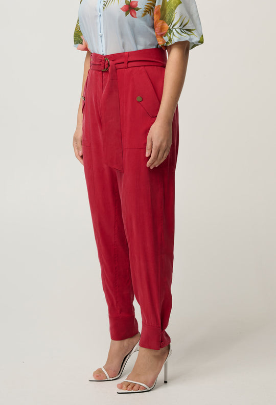 UNDER 5'4 Trinidad Stretch Cipro Viscose Button Cuff Pant in Dahlia Red