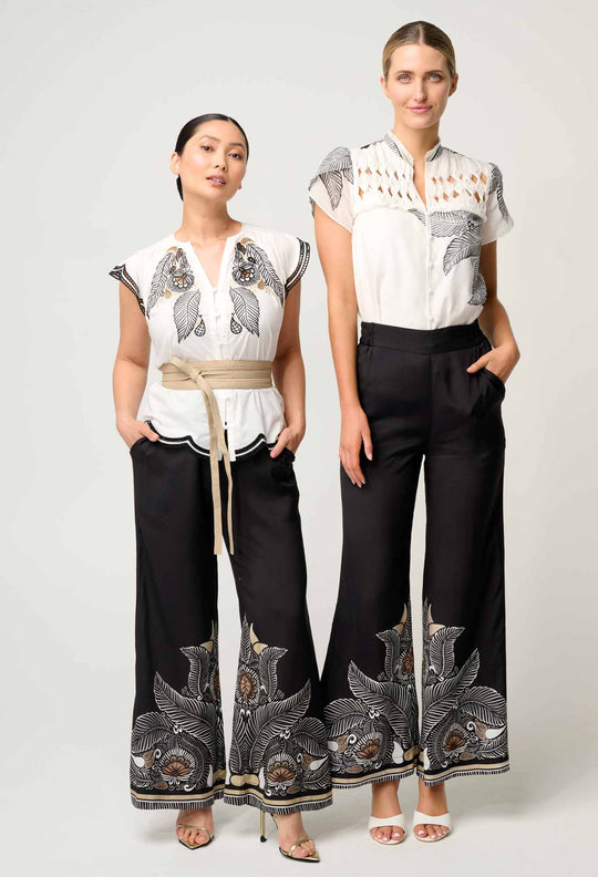 Petite Willow Viscose Faille Contrast Panel Pant in Onyx Casablanca