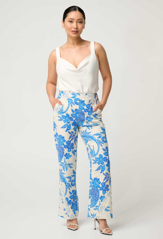 PETITE Leandro Contrast Lace Linen Viscose Stretch Pant in Azure Mosaic