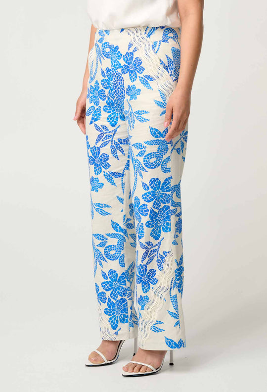 PETITE Leandro Contrast Lace Linen Viscose Stretch Pant in Azure Mosaic