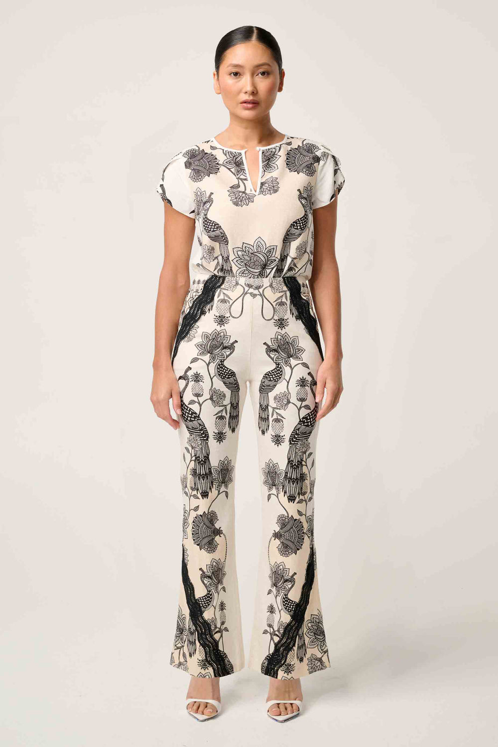 OnceWas PETITE Leandro Contrast Lace Linen Viscose Stretch Pant in Imperial Stone