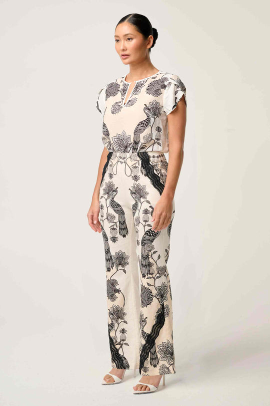 OnceWas PETITE Leandro Contrast Lace Linen Viscose Stretch Pant in Imperial Stone